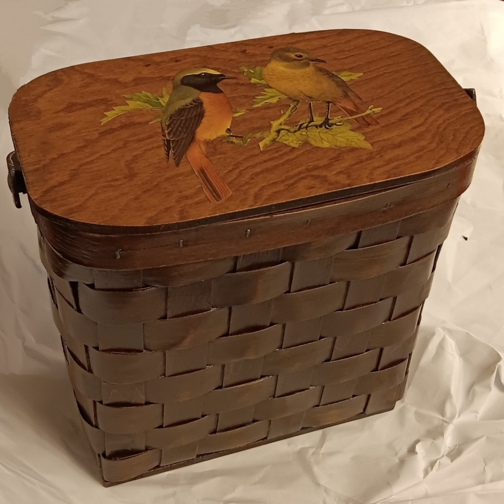 Vintage Bird Decoupage Basket Purse Mid-Century Retro 60s Handcrafted